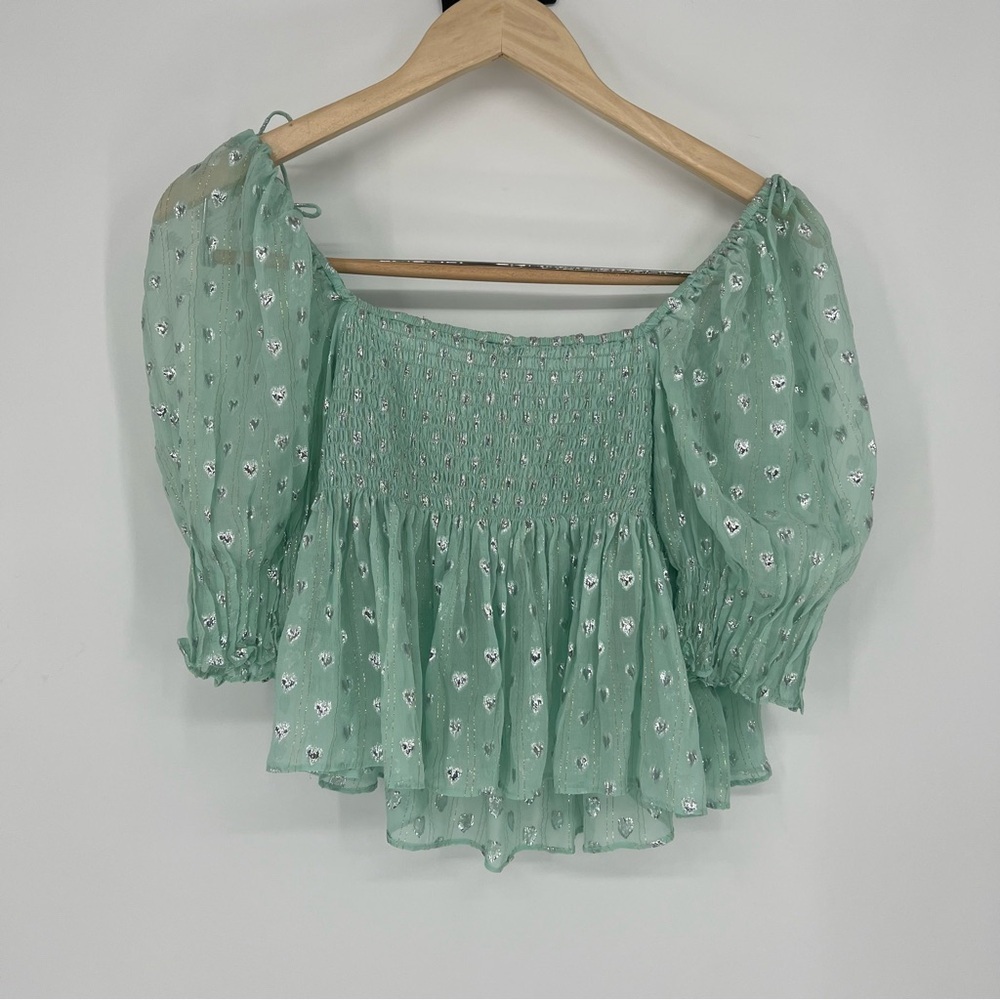 For Love & Lemons Mint Jana Blouse‎ Cropped Flowy Heart Print Tie Shoulders - Picture 13 of 13